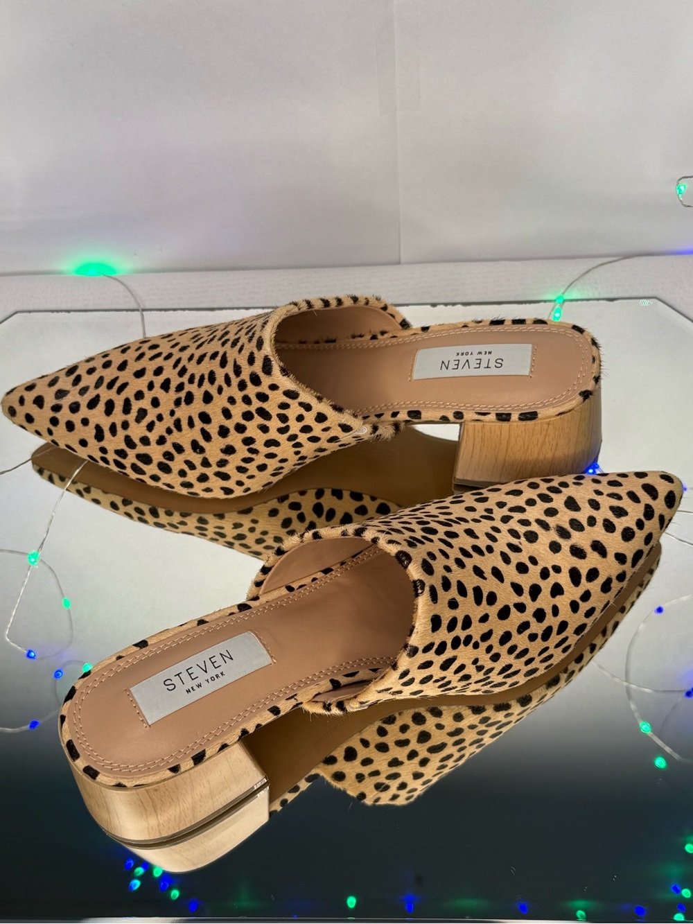 Steven Cheetah Print Tan and Black Pointed Slip-On Mules - Picture 3 of 8